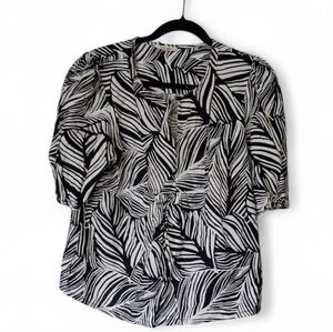Black and White Leaf Print Women's Top Linen Blend Size M